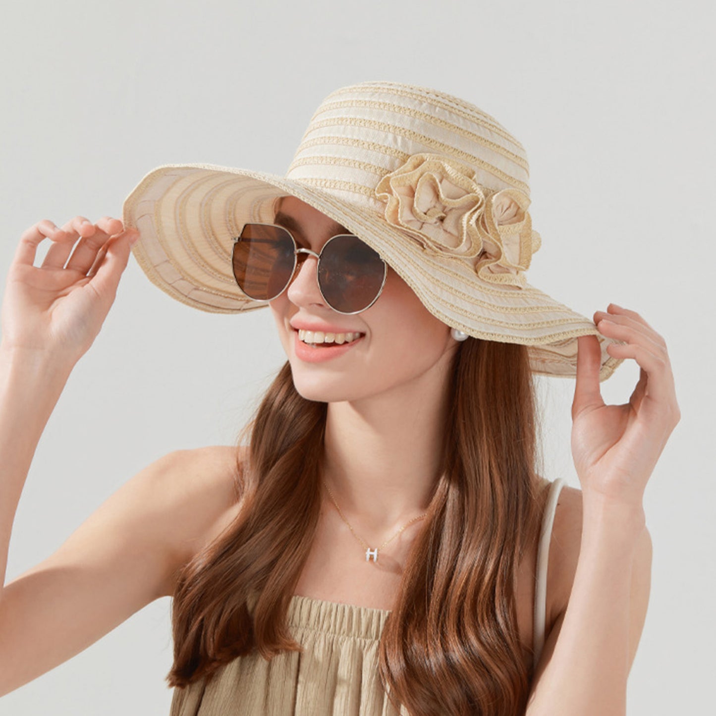 Straw Sun Hat with Floral Accent Summer Beach Hat with Adjustable Chin Strap