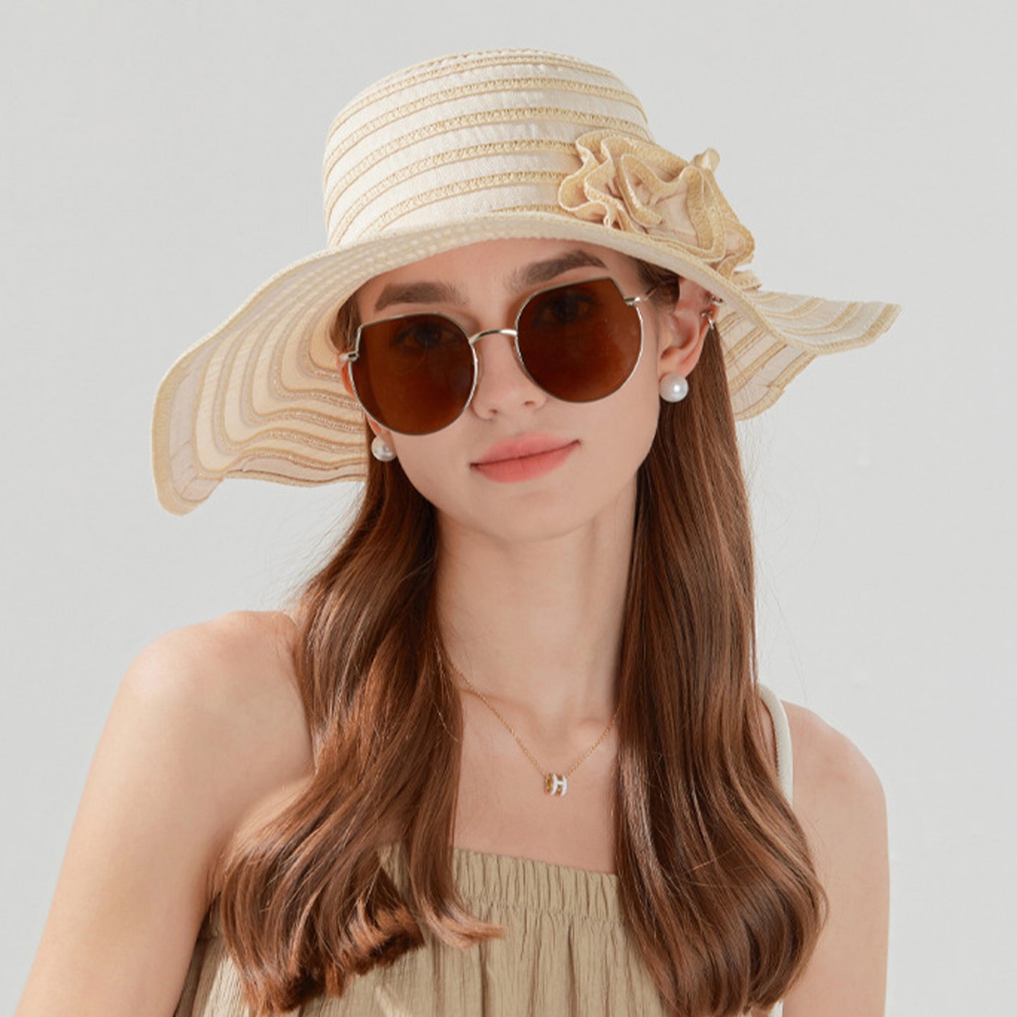 Straw Sun Hat with Floral Accent Summer Beach Hat with Adjustable Chin Strap