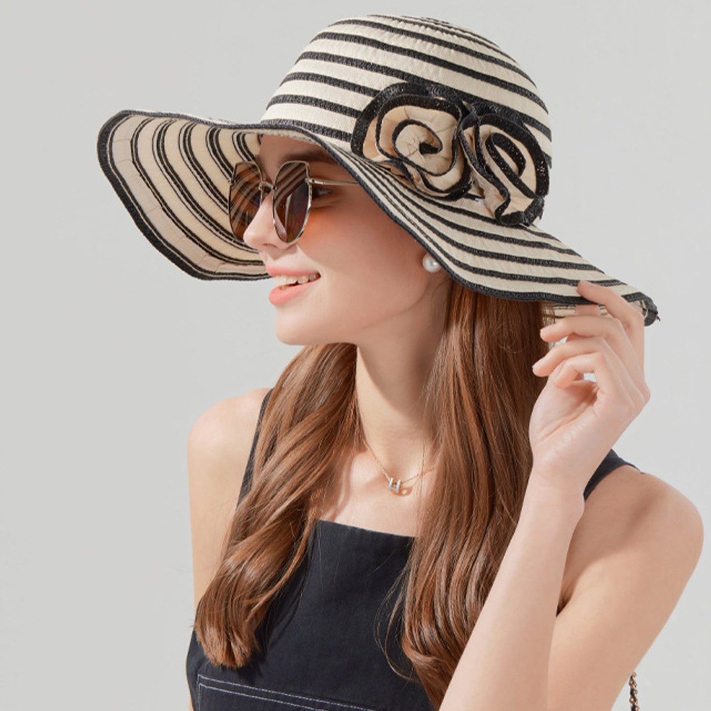 Straw Sun Hat with Floral Accent Summer Beach Hat with Adjustable Chin Strap
