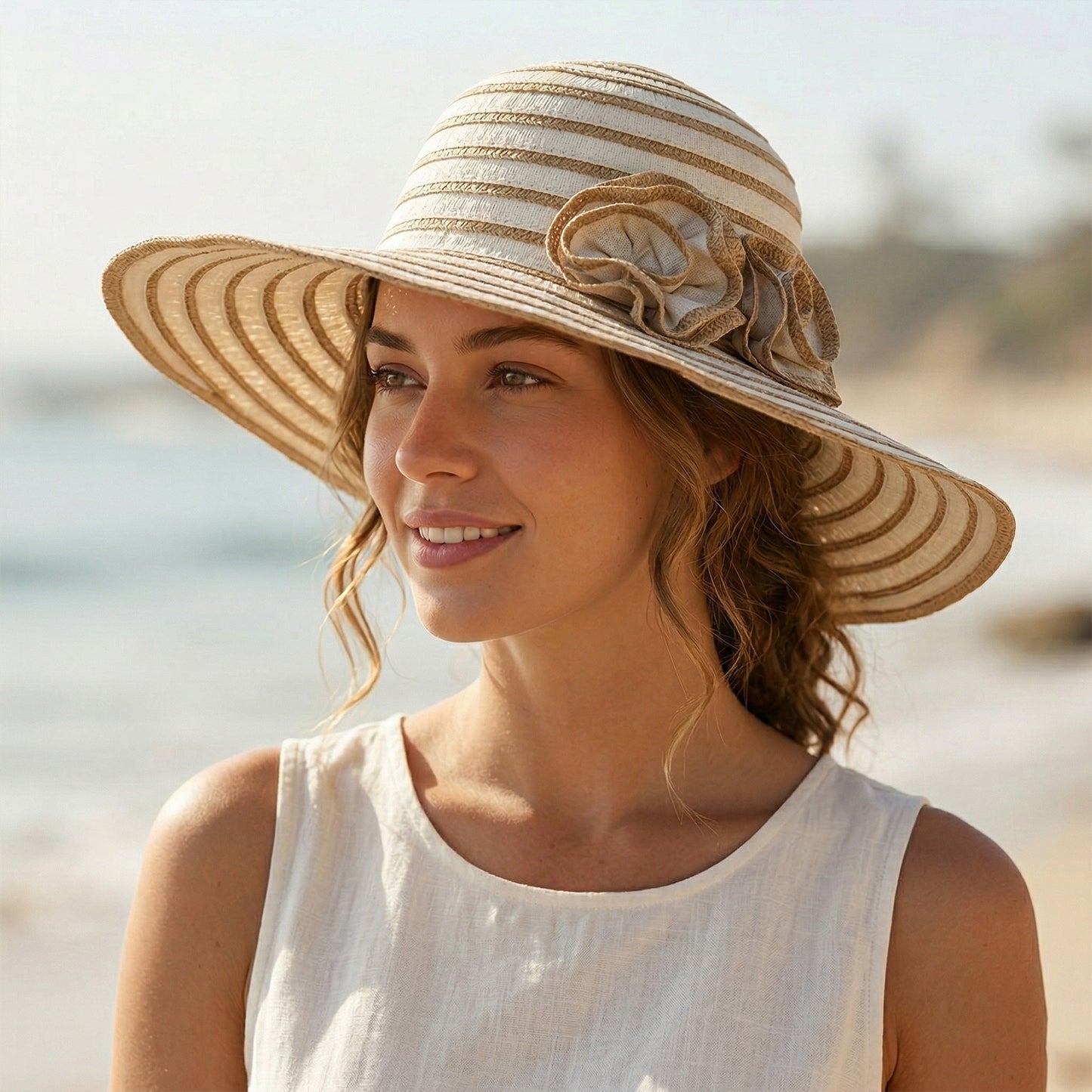 Straw Sun Hat with Floral Accent Summer Beach Hat with Adjustable Chin Strap