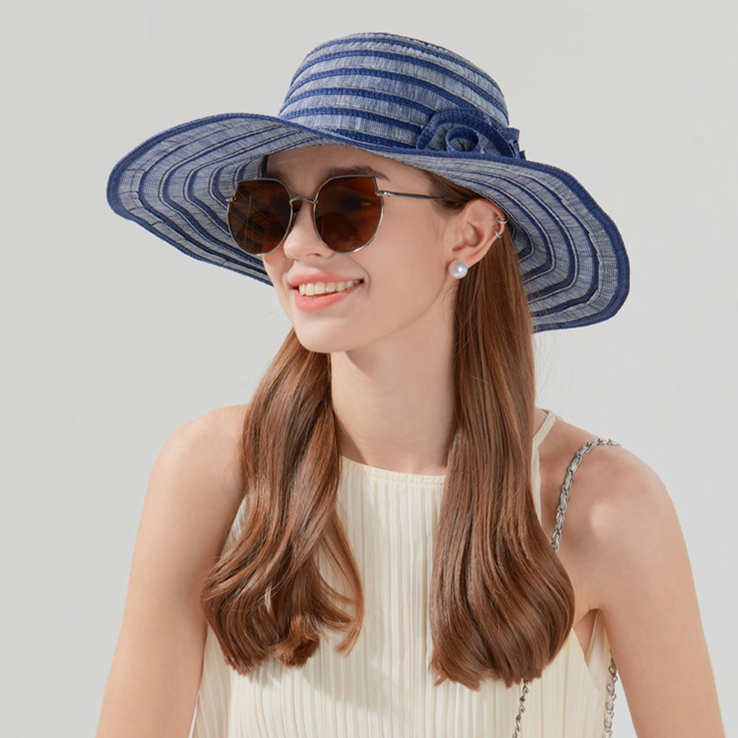 Straw Sun Hat with Floral Accent Summer Beach Hat with Adjustable Chin Strap