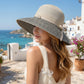 Wide Brim Straw Sun Hat with Contrast Stripe Brim Bow Detail Lightweight Beach Hat