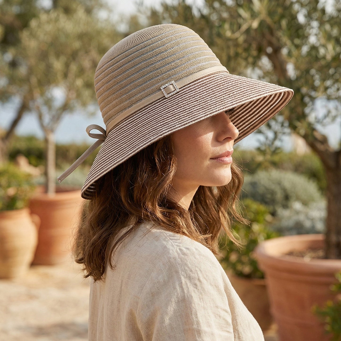 Wide Brim Straw Sun Hat with Contrast Stripe Brim Bow Detail Lightweight Beach Hat