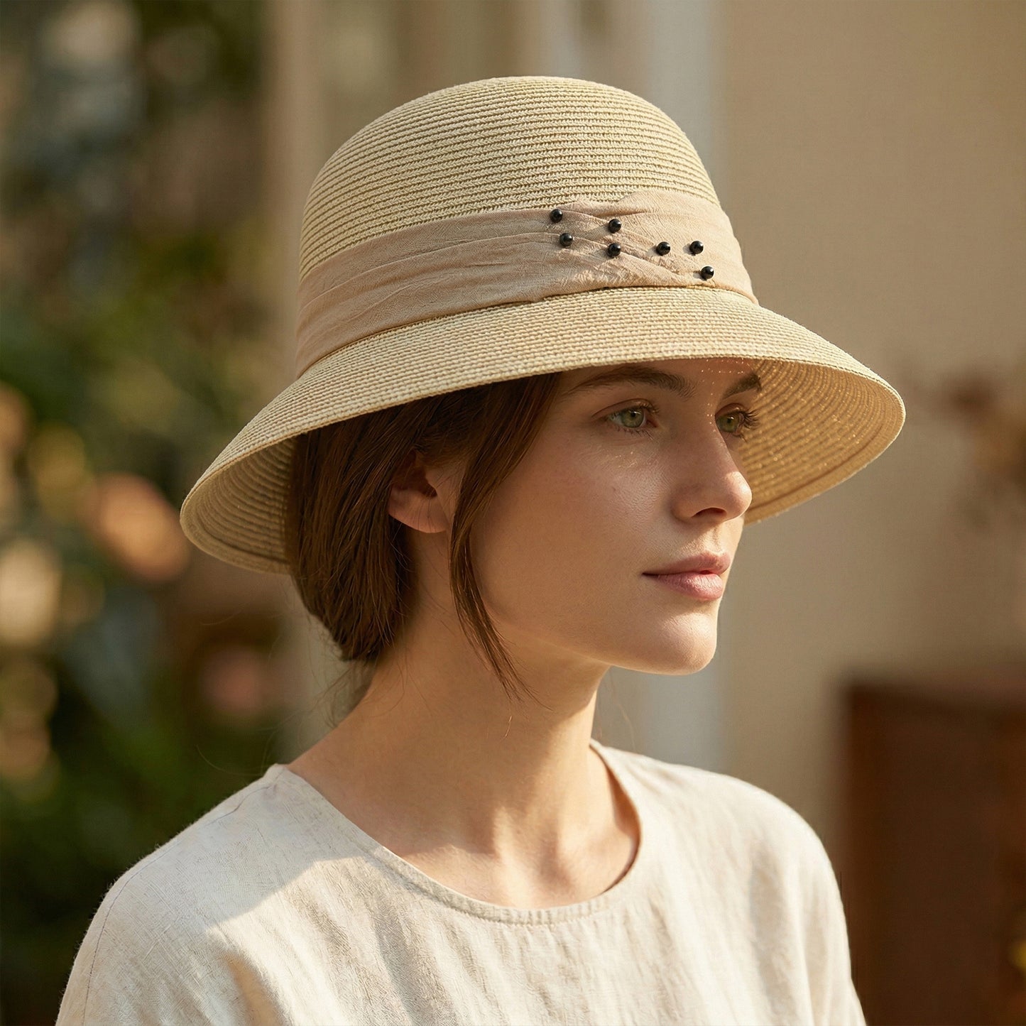 Straw Sun Hat with Pearl Accent Band Lightweight Summer Beach Travel Hat