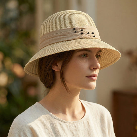 Straw Sun Hat with Pearl Accent Band Lightweight Summer Beach Travel Hat