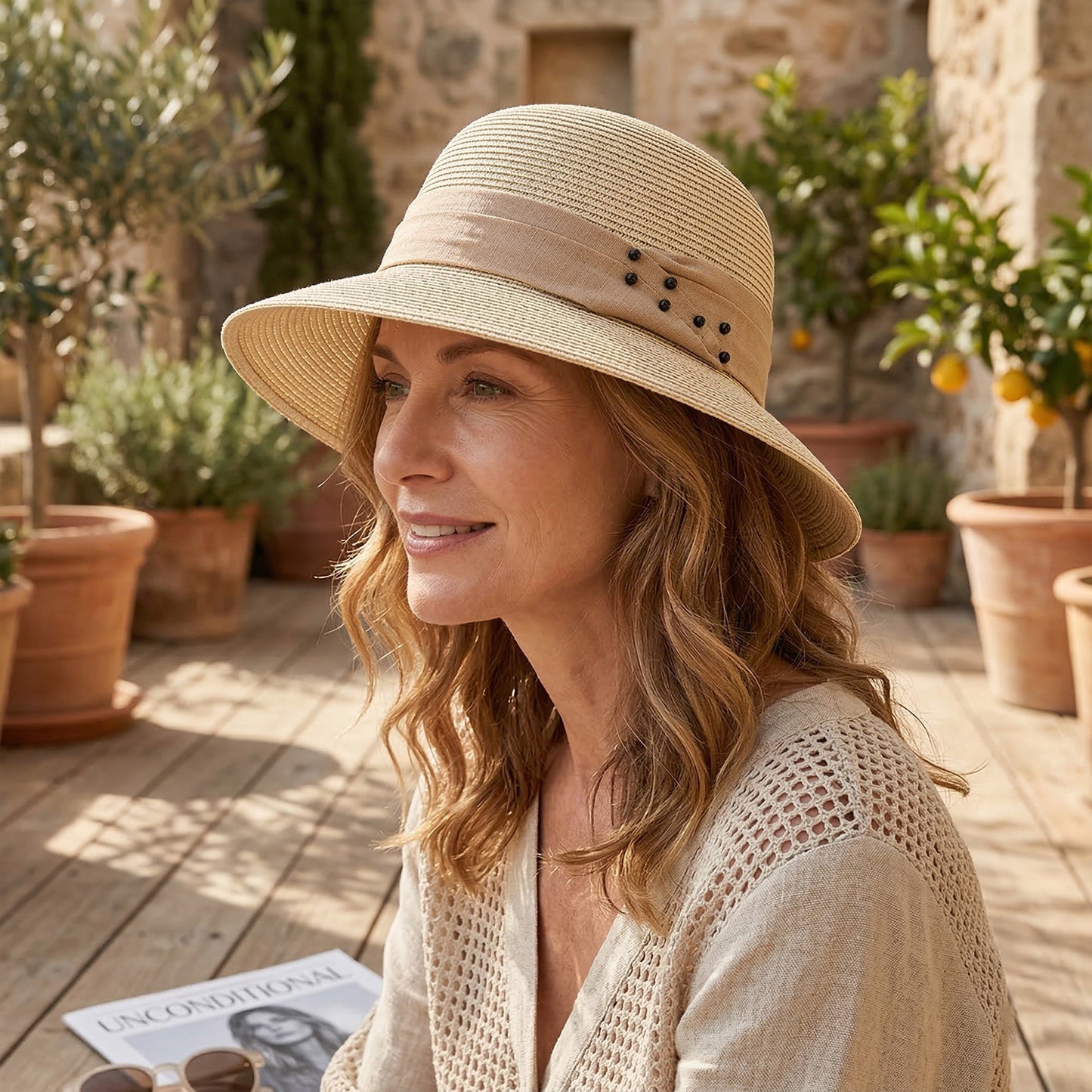 Straw Sun Hat with Pearl Accent Band Lightweight Summer Beach Travel Hat
