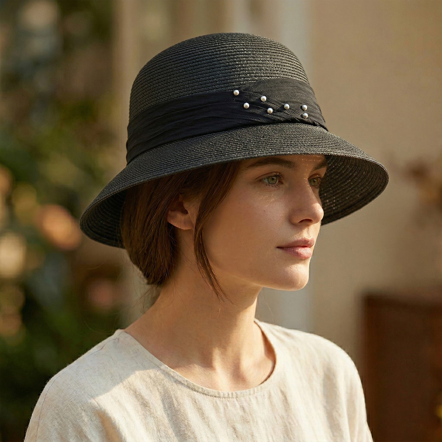 Straw Sun Hat with Pearl Accent Band Lightweight Summer Beach Travel Hat