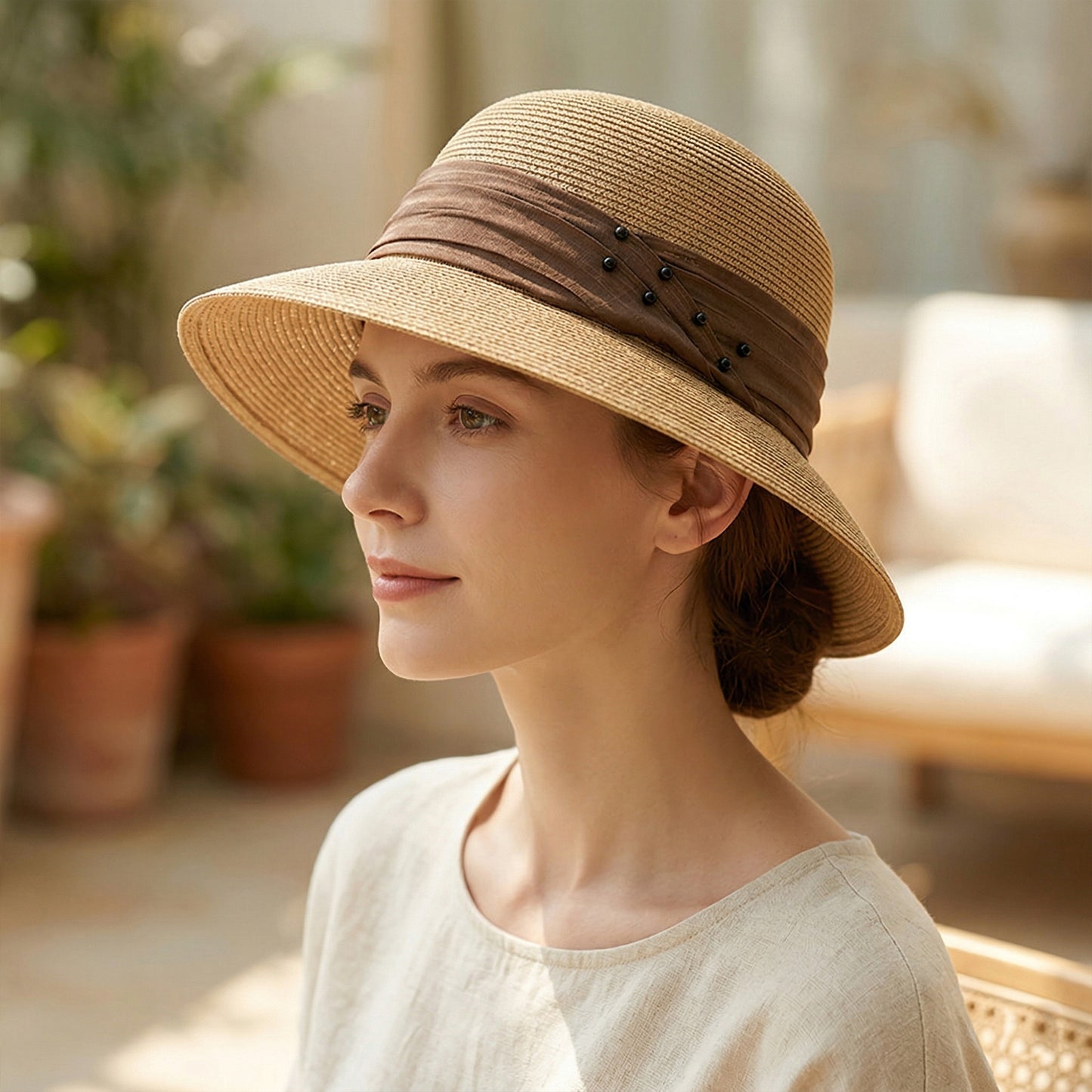 Straw Sun Hat with Pearl Accent Band Lightweight Summer Beach Travel Hat