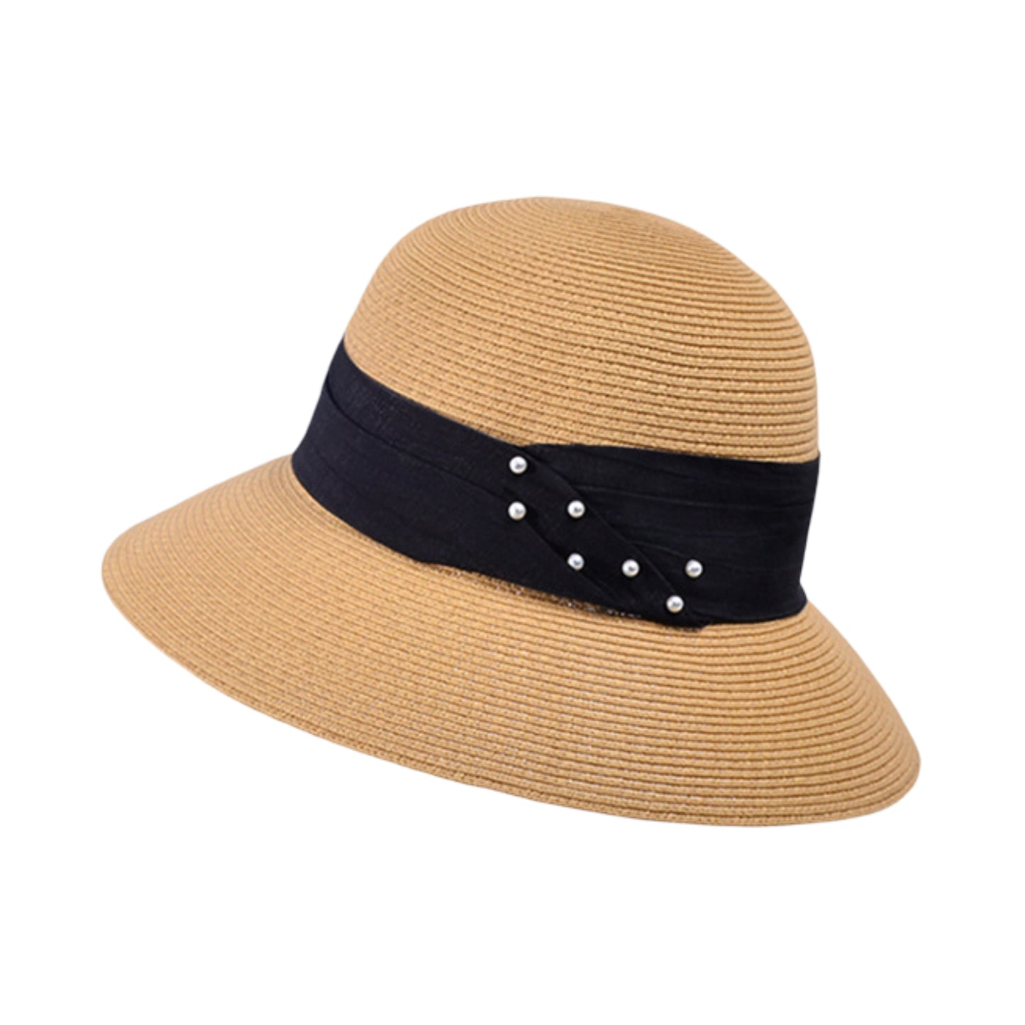 Straw Sun Hat with Pearl Accent Band Lightweight Summer Beach Travel Hat