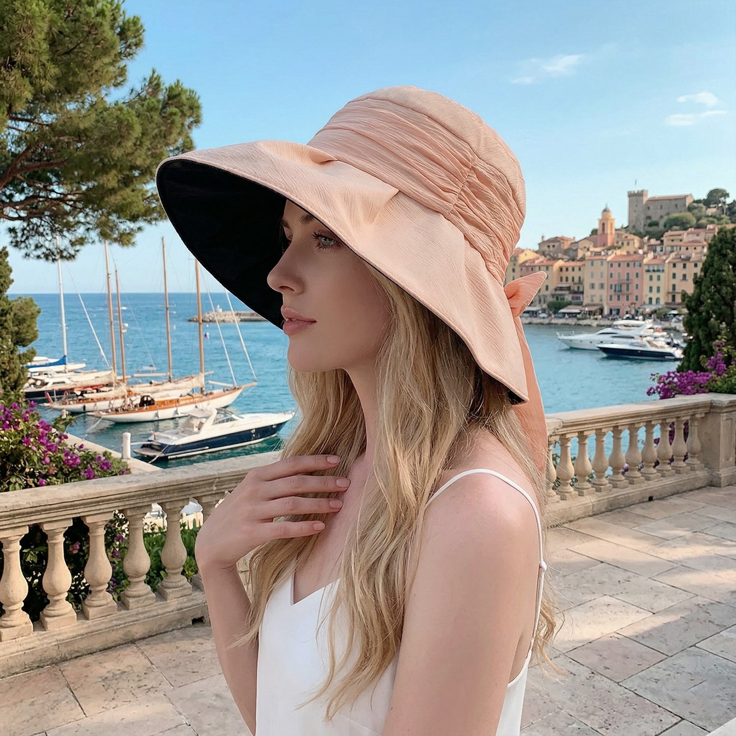 Wide Brim Sun Hat with Bow Lightweight Breathable UV Protection Foldable Travel Beach Hat