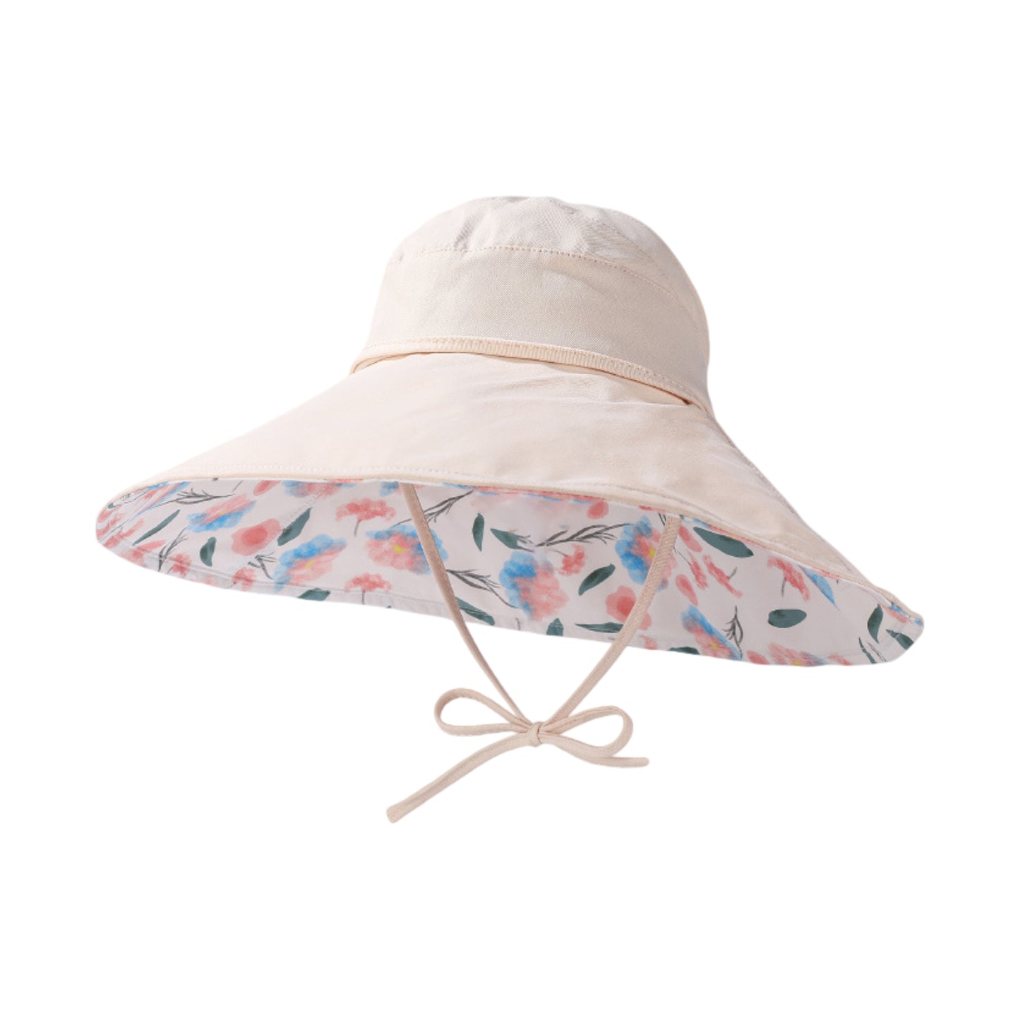 Wide Brim Sun Hat with Floral Lining Ponytail Opening Lightweight Packable Beach Hat