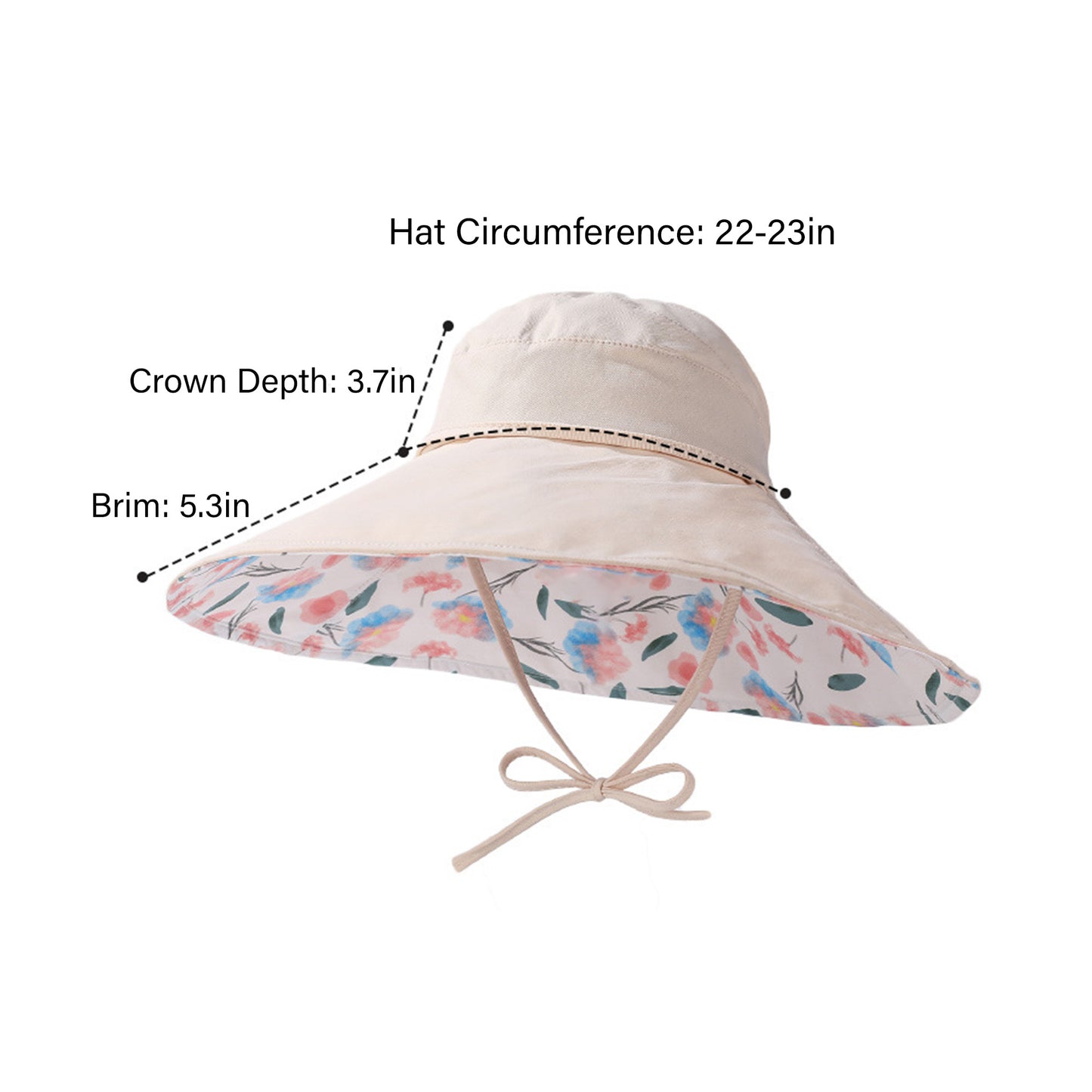 Wide Brim Sun Hat with Floral Lining Ponytail Opening Lightweight Packable Beach Hat