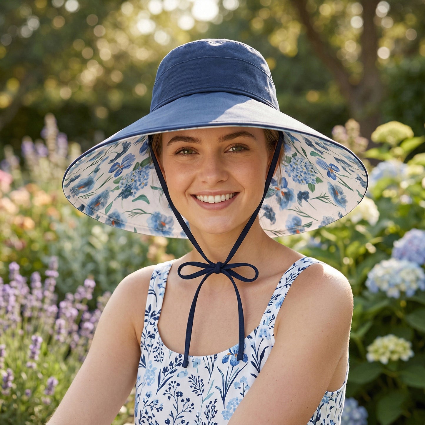 Wide Brim Sun Hat with Floral Lining Ponytail Opening Lightweight Packable Beach Hat