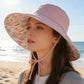 Wide Brim Sun Hat with Floral Lining Ponytail Opening Lightweight Packable Beach Hat