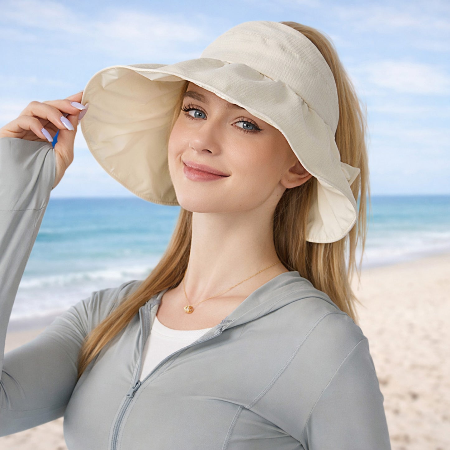 Sun Hat with Ponytail Opening UV Protection Packable Summer Beach Hat
