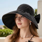 Wide Brim Sun Hat Breathable Summer Beach Hat with Bow Detail and Ponytail Opening