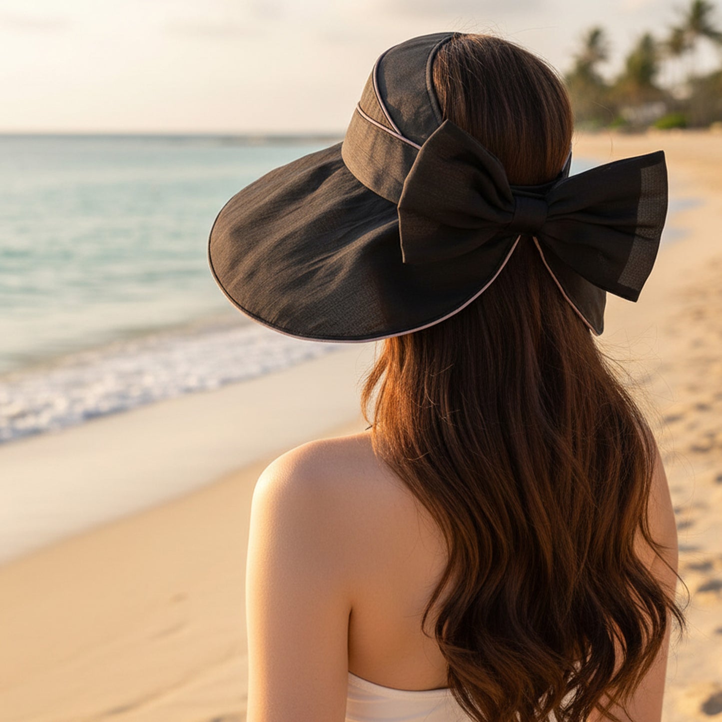 Wide Brim Sun Hat Breathable Summer Beach Hat with Bow Detail and Ponytail Opening