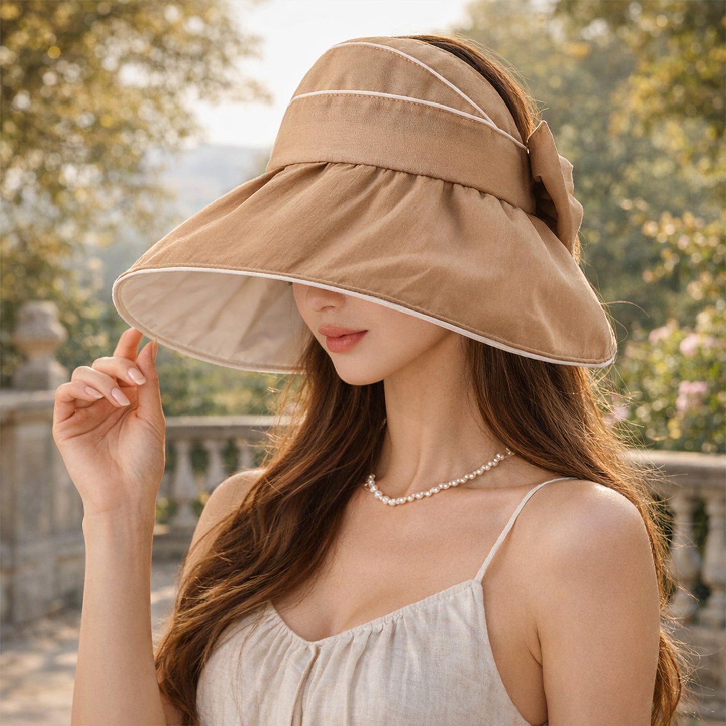 Wide Brim Sun Hat Breathable Summer Beach Hat with Bow Detail and Ponytail Opening