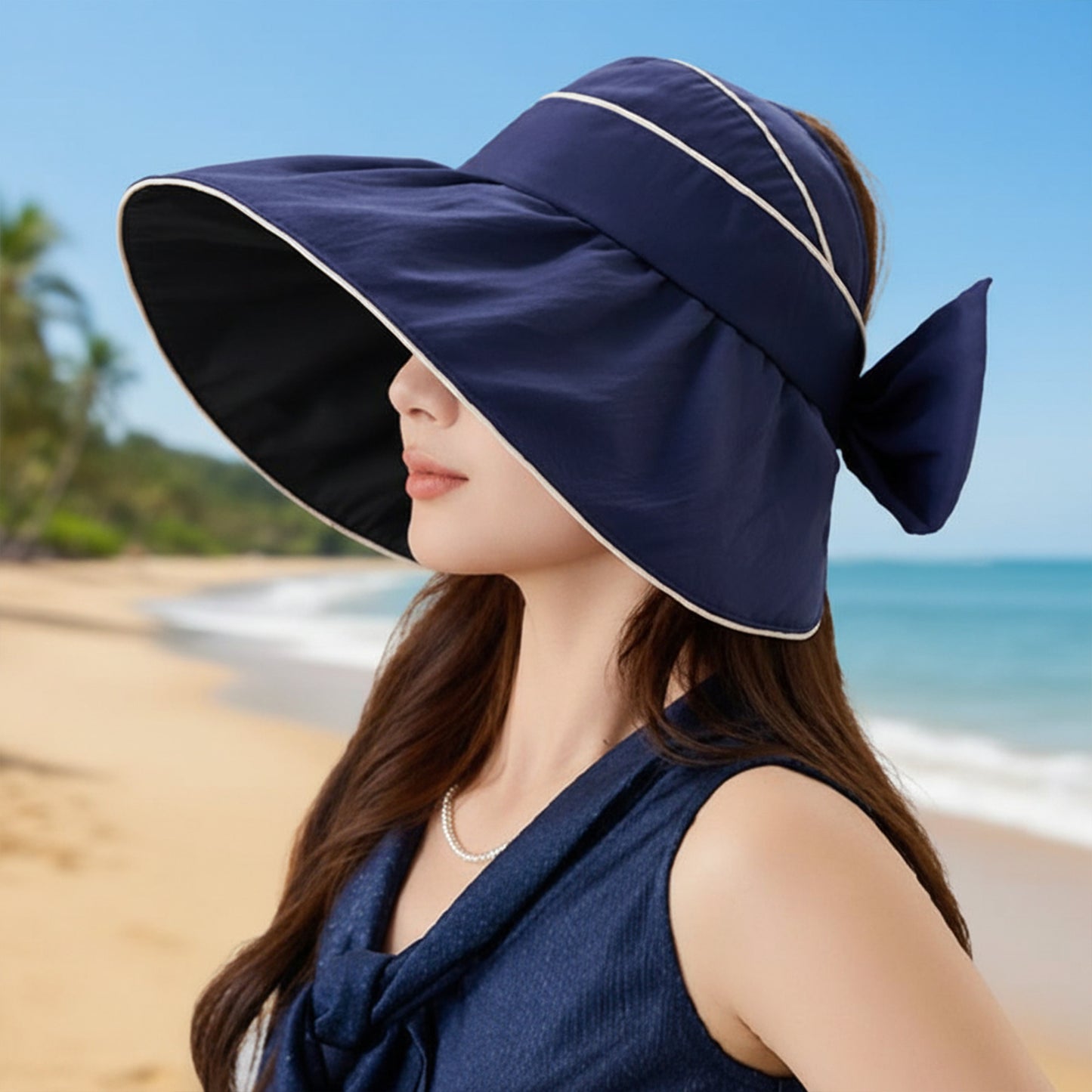 Wide Brim Sun Hat Breathable Summer Beach Hat with Bow Detail and Ponytail Opening