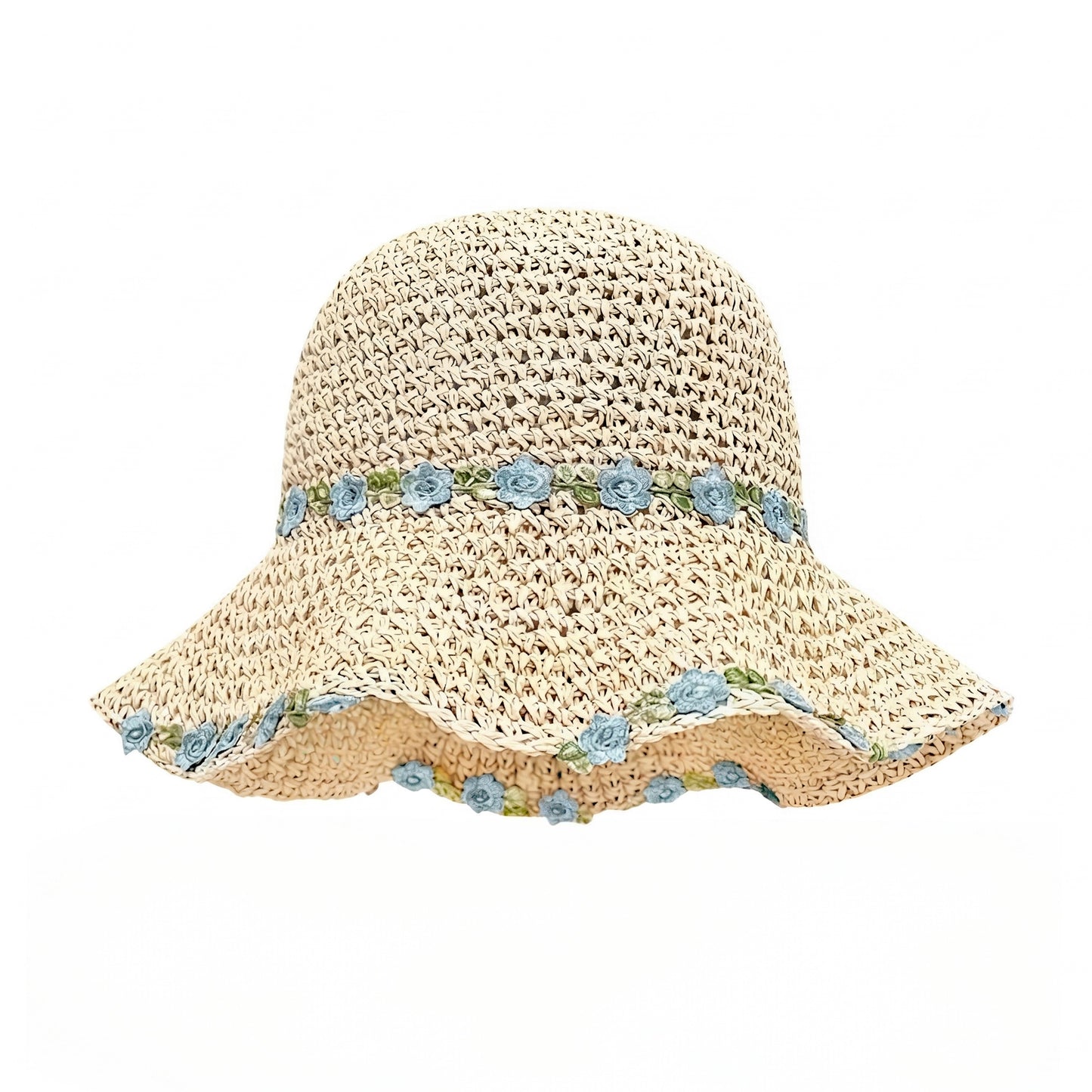 Straw Sun Hat Wide Brim Floppy Beach Hat with Floral Trim Foldable Summer UV Protection