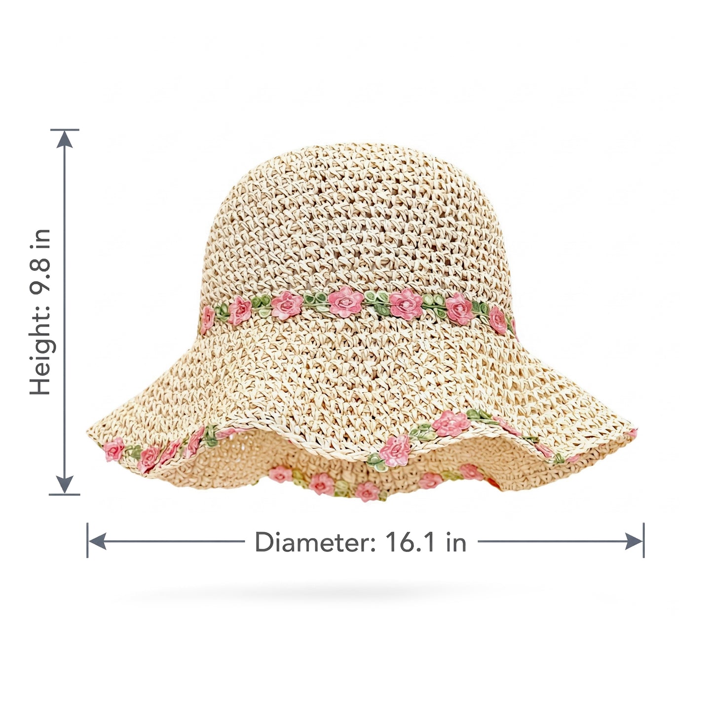 Straw Sun Hat Wide Brim Floppy Beach Hat with Floral Trim Foldable Summer UV Protection