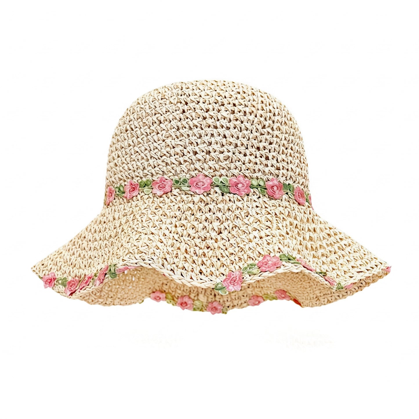 Straw Sun Hat Wide Brim Floppy Beach Hat with Floral Trim Foldable Summer UV Protection