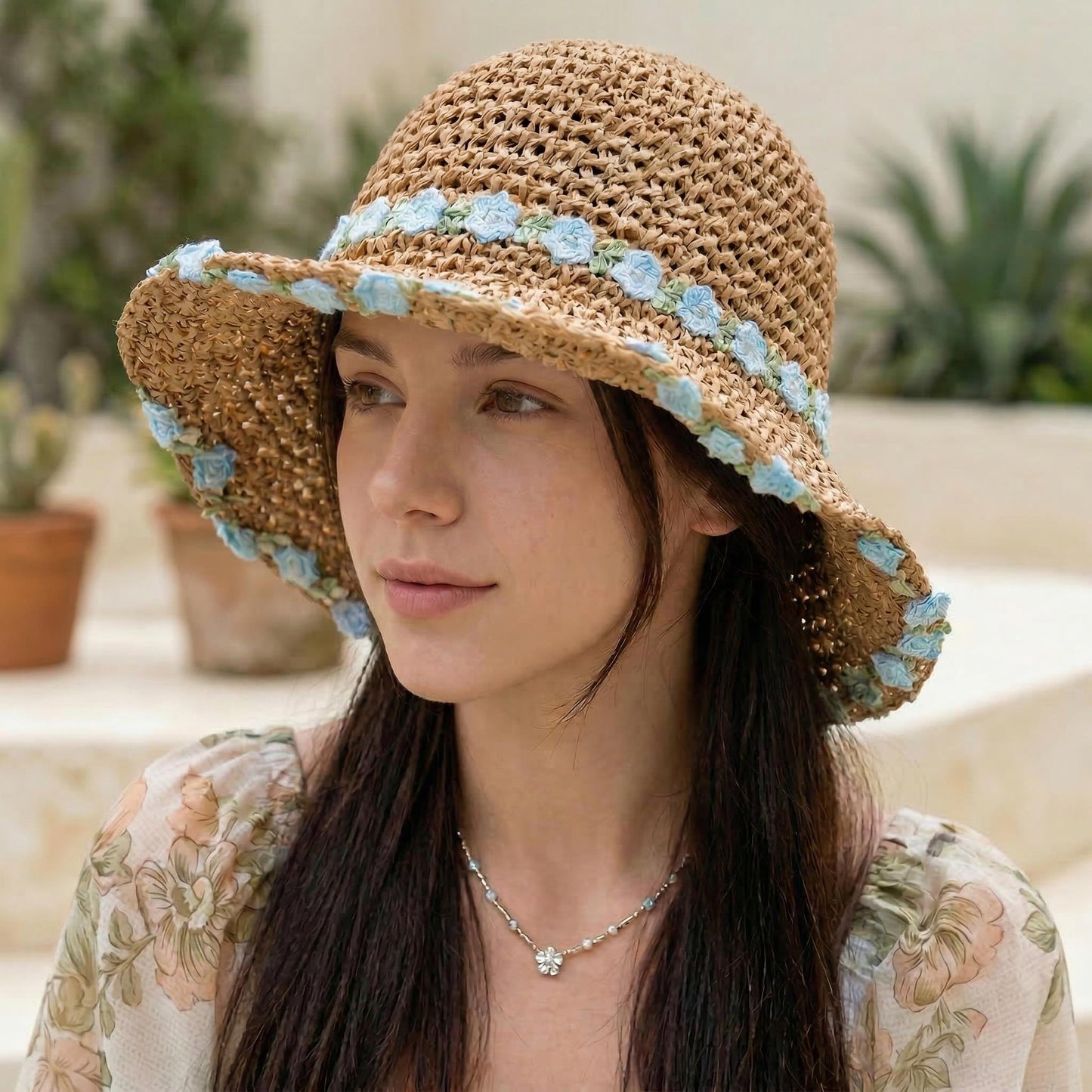 Straw Sun Hat Wide Brim Floppy Beach Hat with Floral Trim Foldable Summer UV Protection