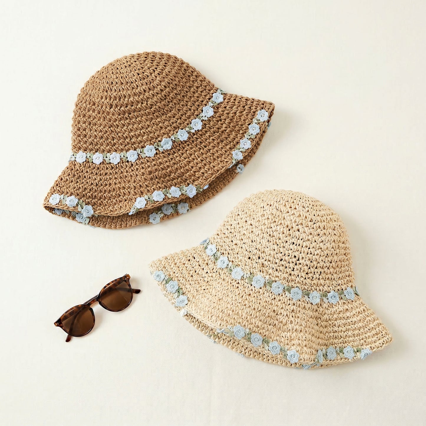 Straw Sun Hat Wide Brim Floppy Beach Hat with Floral Trim Foldable Summer UV Protection