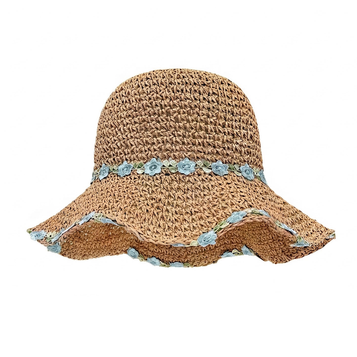 Straw Sun Hat Wide Brim Floppy Beach Hat with Floral Trim Foldable Summer UV Protection