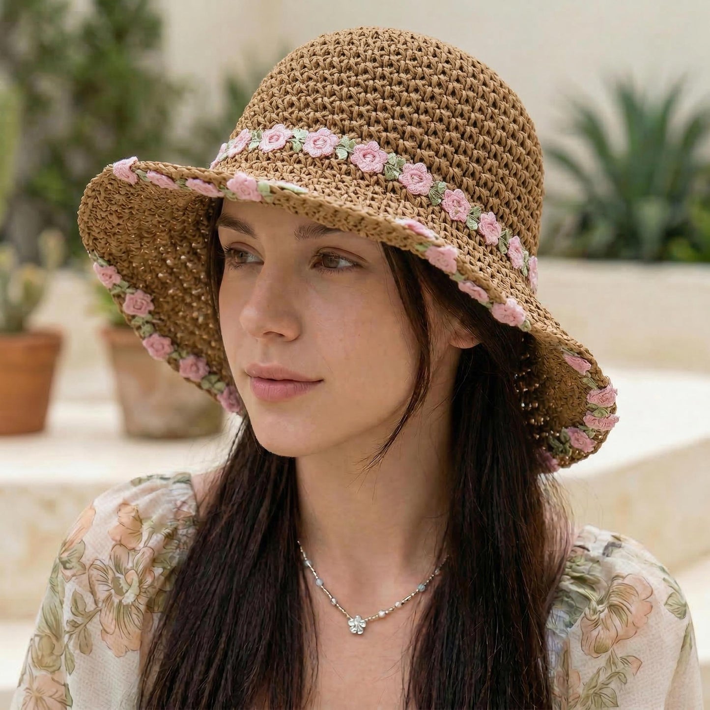 Straw Sun Hat Wide Brim Floppy Beach Hat with Floral Trim Foldable Summer UV Protection