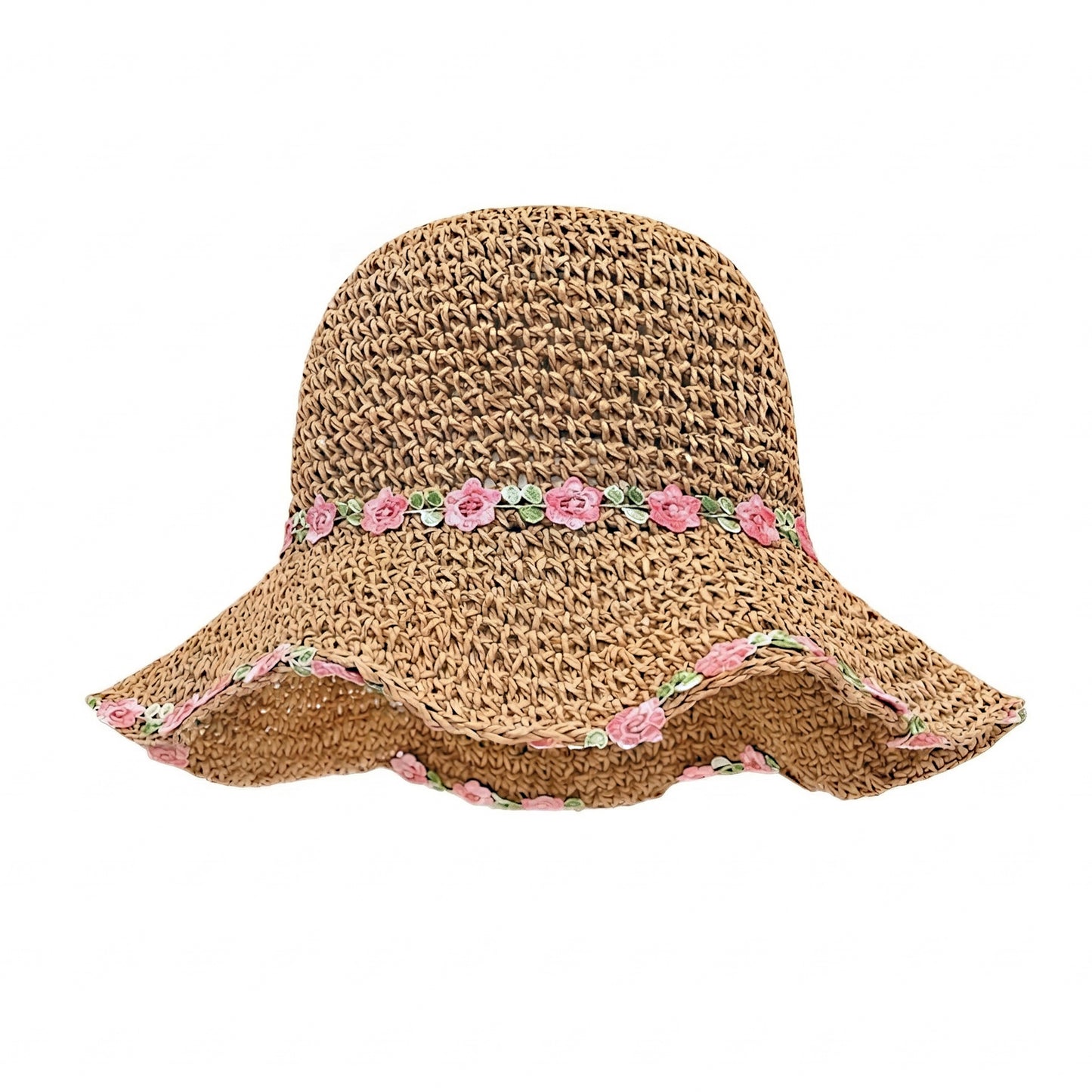 Straw Sun Hat Wide Brim Floppy Beach Hat with Floral Trim Foldable Summer UV Protection