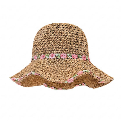 Straw Sun Hat Wide Brim Floppy Beach Hat with Floral Trim Foldable Summer UV Protection