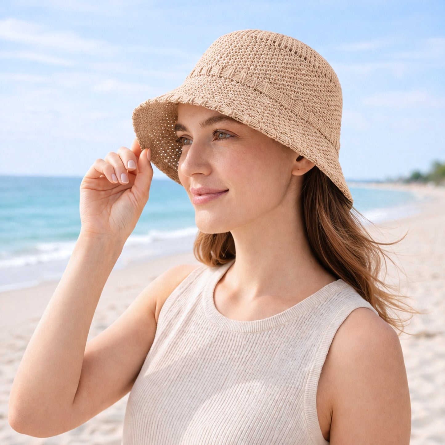 Straw Bucket Hat Lightweight Woven Sun Hat Packable Summer Beach Hat with Breathable Design