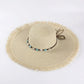 Wide Brim Straw Sun Hat with Fringe Edge and Beaded Band Summer Beach Sun Protection Hat