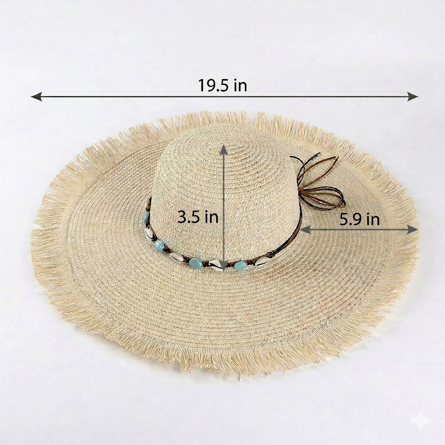 Wide Brim Straw Sun Hat with Fringe Edge and Beaded Band Summer Beach Sun Protection Hat
