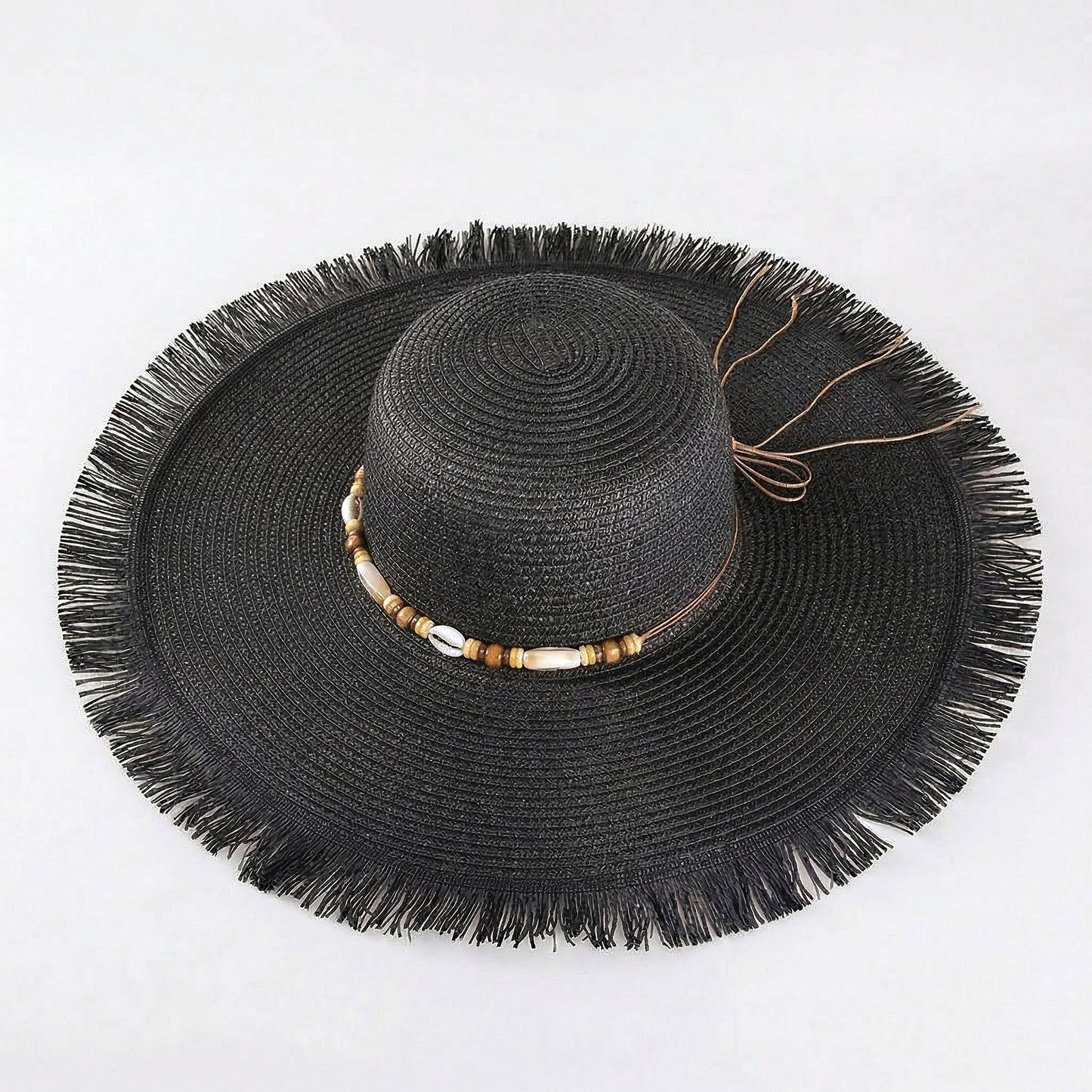 Wide Brim Straw Sun Hat with Fringe Edge and Beaded Band Summer Beach Sun Protection Hat
