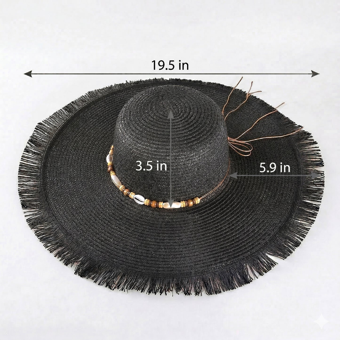 Wide Brim Straw Sun Hat with Fringe Edge and Beaded Band Summer Beach Sun Protection Hat