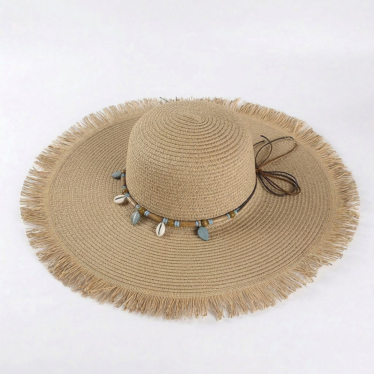 Wide Brim Straw Sun Hat with Fringe Edge and Beaded Band Summer Beach Sun Protection Hat