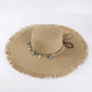 Wide Brim Straw Sun Hat with Fringe Edge and Beaded Band Summer Beach Sun Protection Hat