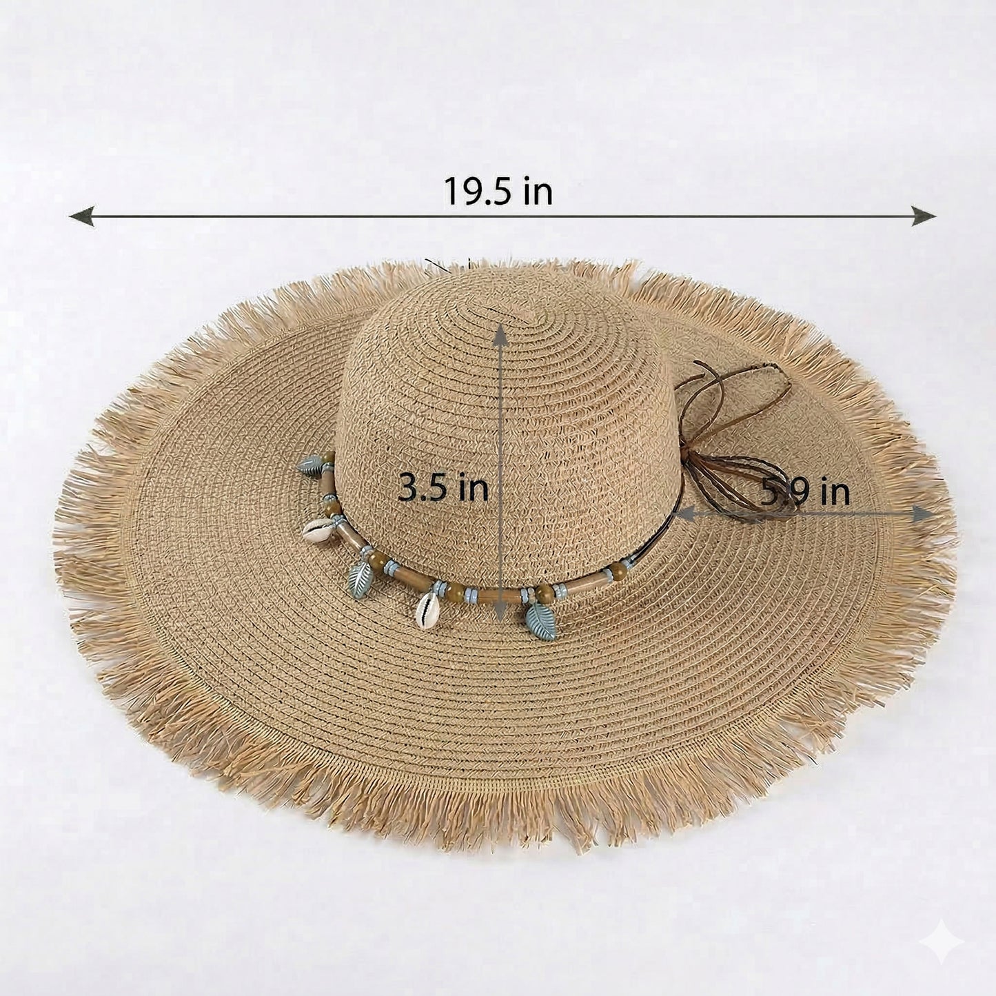 Wide Brim Straw Sun Hat with Fringe Edge and Beaded Band Summer Beach Sun Protection Hat