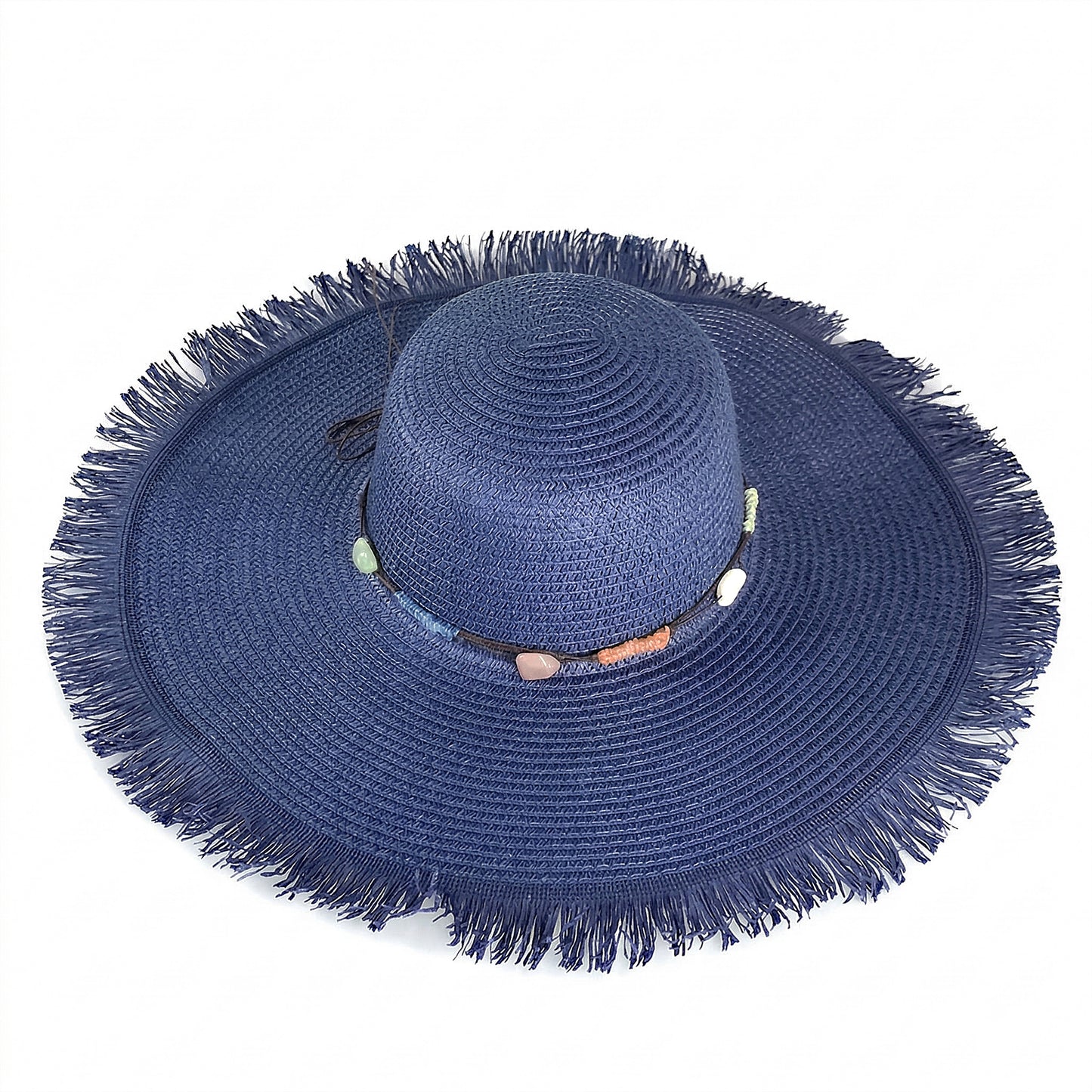 Wide Brim Straw Sun Hat with Fringe Edge and Beaded Band Summer Beach Sun Protection Hat