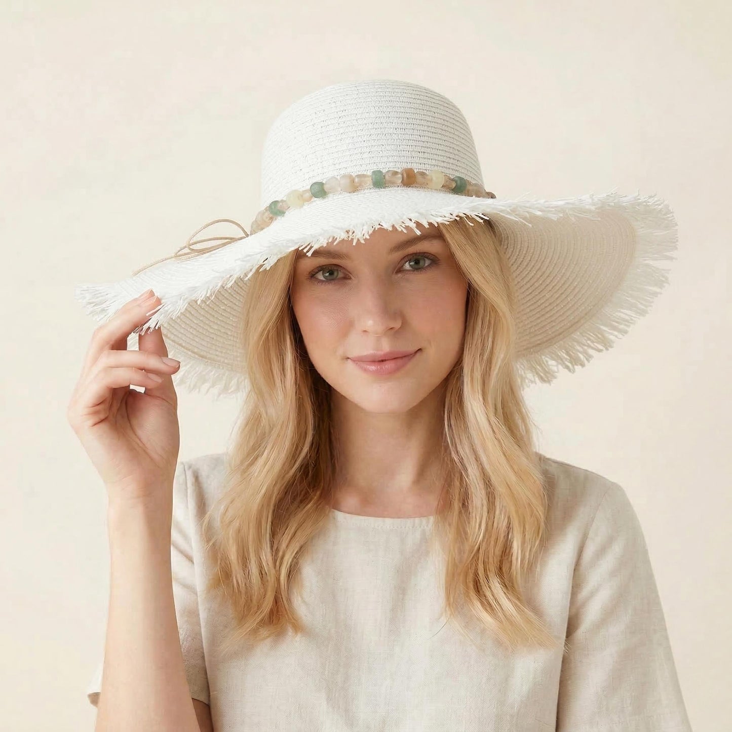 Wide Brim Straw Sun Hat with Fringe Edge and Beaded Band Summer Beach Sun Protection Hat