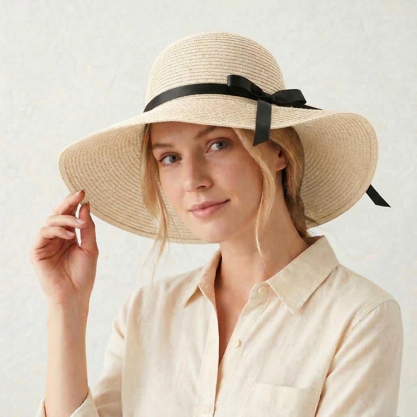 Wide Brim Straw Sun Hat with Bow Ribbon Beach Hat for Women Summer UV Protection Floppy Hat