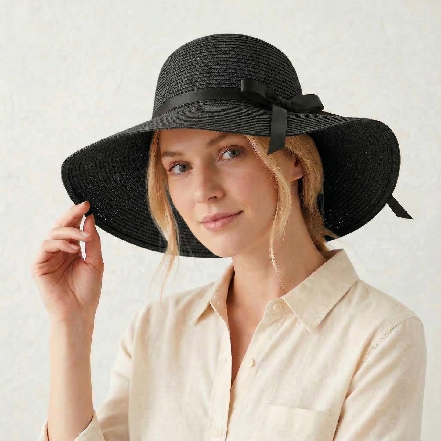 Wide Brim Straw Sun Hat with Bow Ribbon Beach Hat for Women Summer UV Protection Floppy Hat