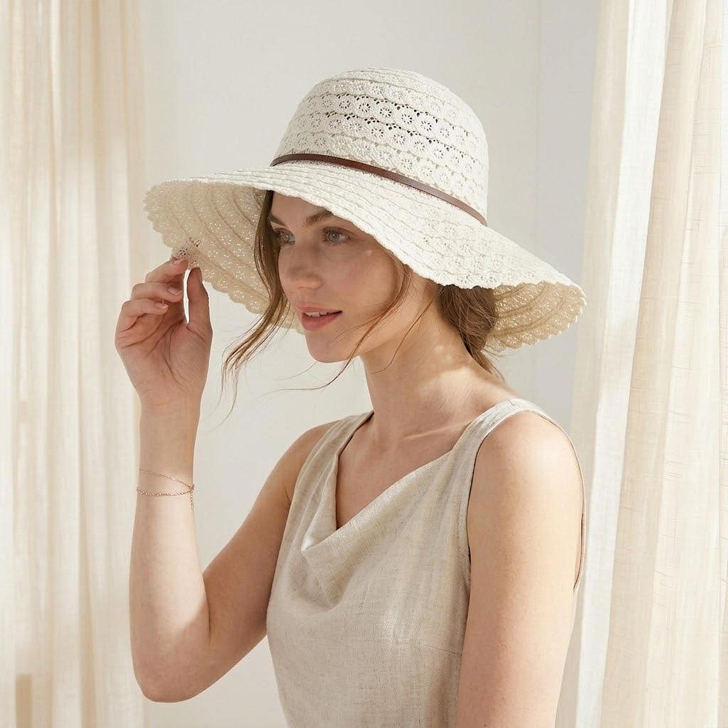 Wide Brim Crochet Sun Hat Lightweight Breathable Straw Hat with Chin Strap