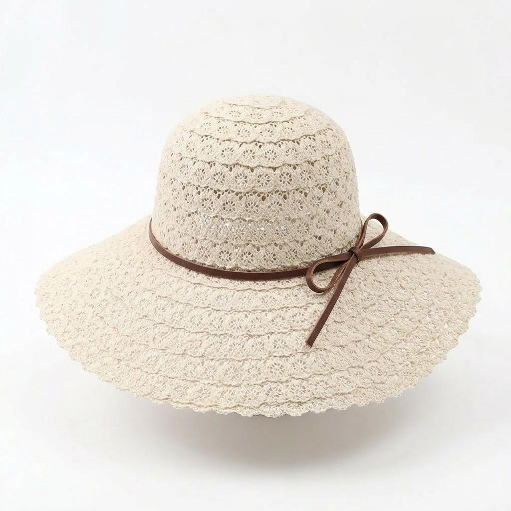 Wide Brim Crochet Sun Hat Lightweight Breathable Straw Hat with Chin Strap