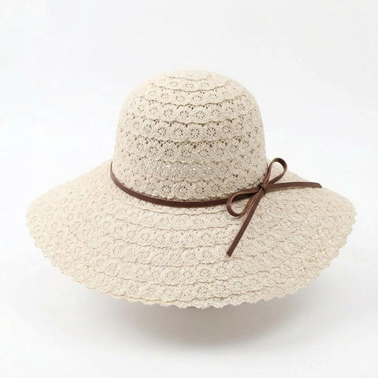 Wide Brim Crochet Sun Hat Lightweight Breathable Straw Hat with Chin Strap