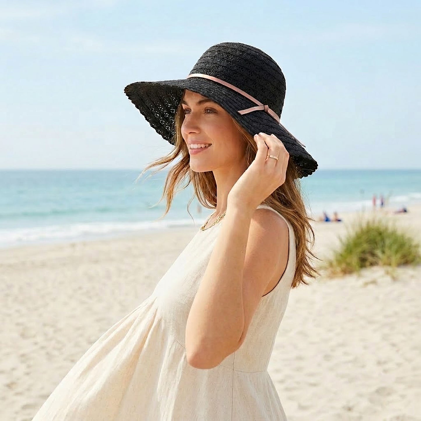 Wide Brim Crochet Sun Hat Lightweight Breathable Straw Hat with Chin Strap