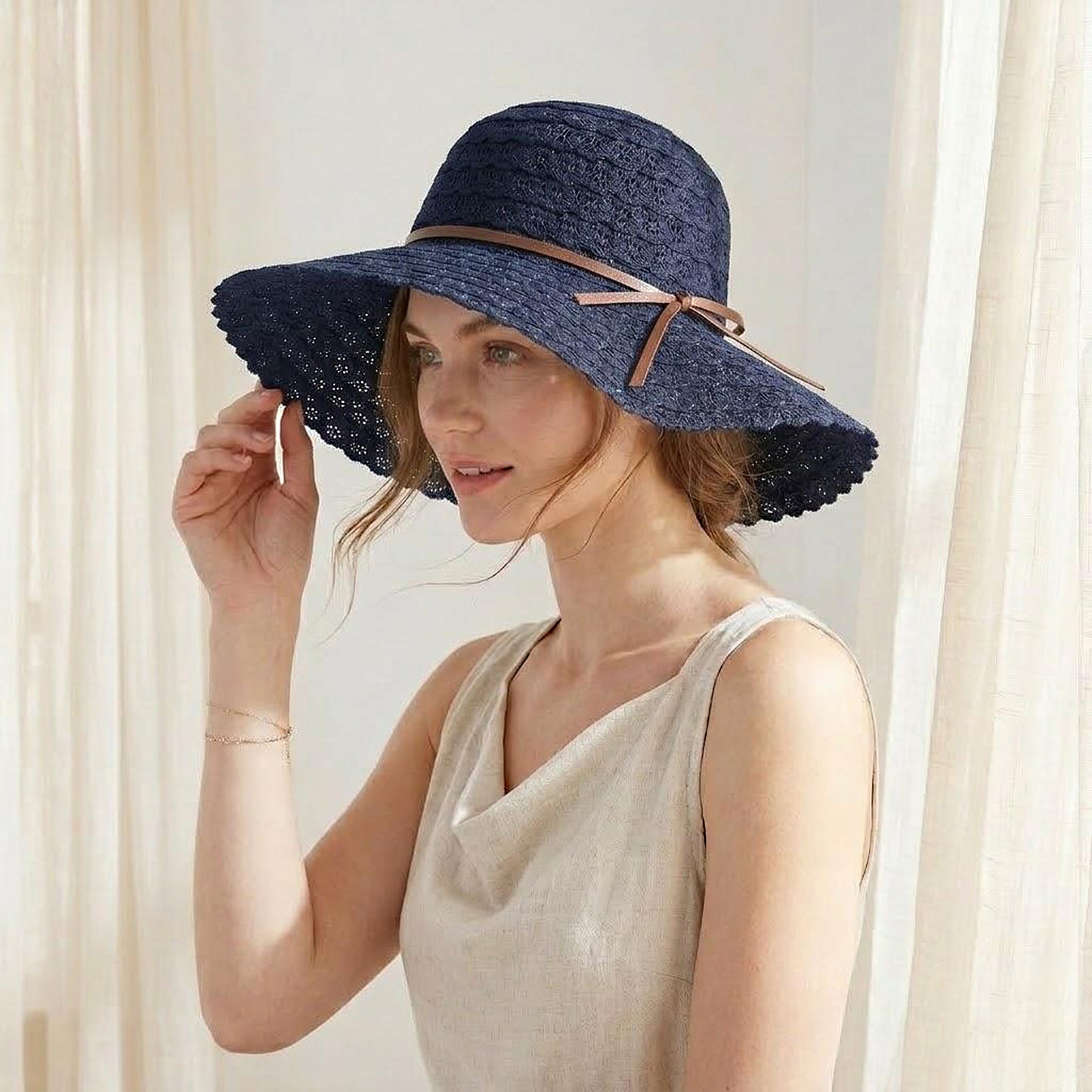 Wide Brim Crochet Sun Hat Lightweight Breathable Straw Hat with Chin Strap