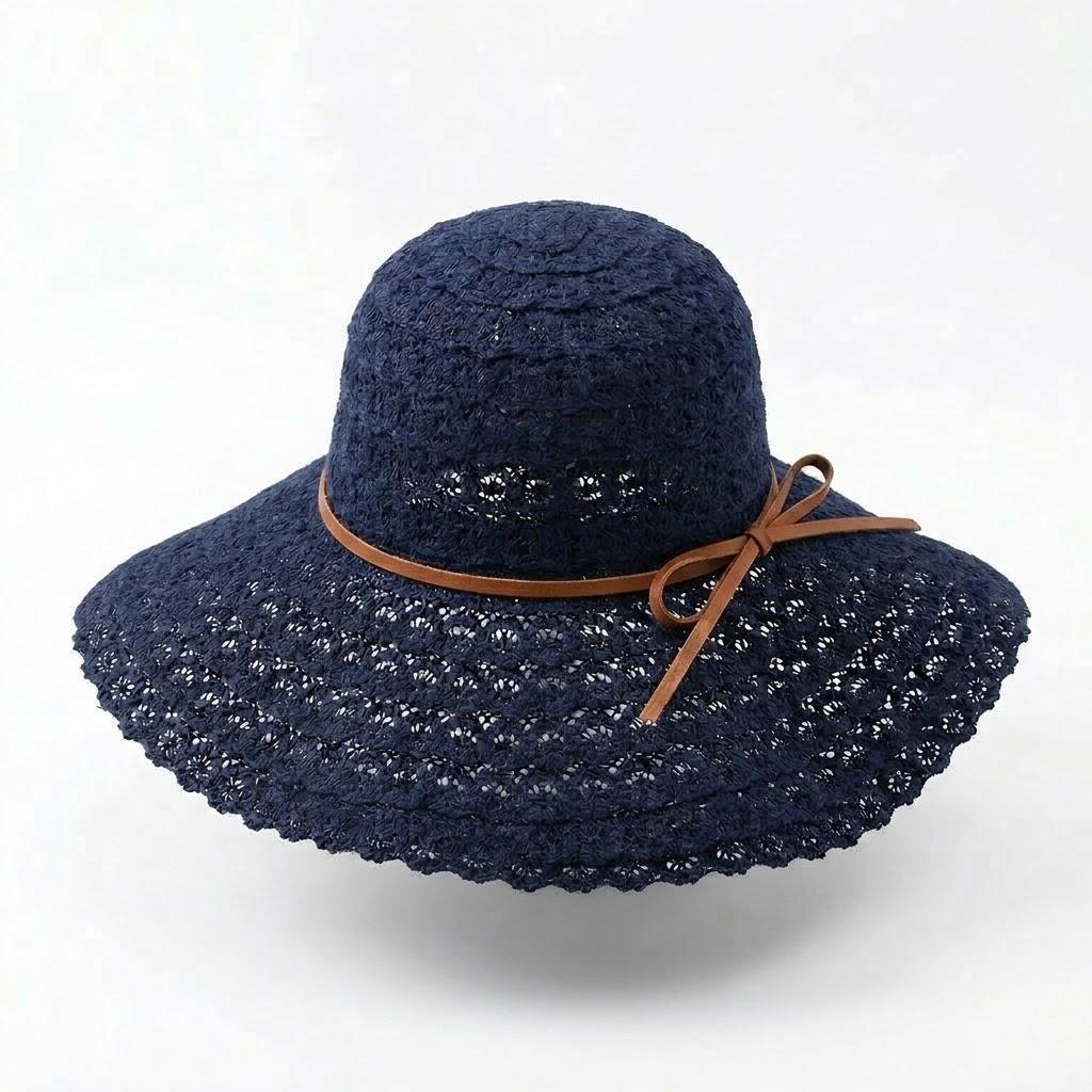 Wide Brim Crochet Sun Hat Lightweight Breathable Straw Hat with Chin Strap